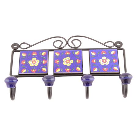 Navy Blue And Yellow Floral Tiles Hooks